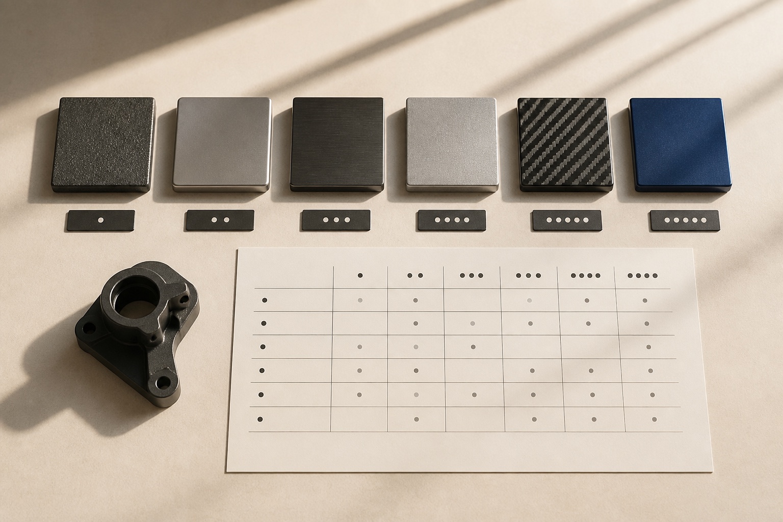 Six process and material samples compared with abstract identifiers and a capability matrix