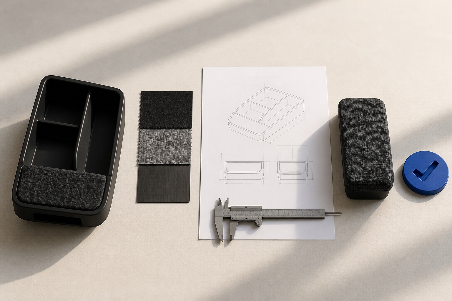 Custom product, material samples, technical drawing, approved sample, and measuring tool aligned as one operating path