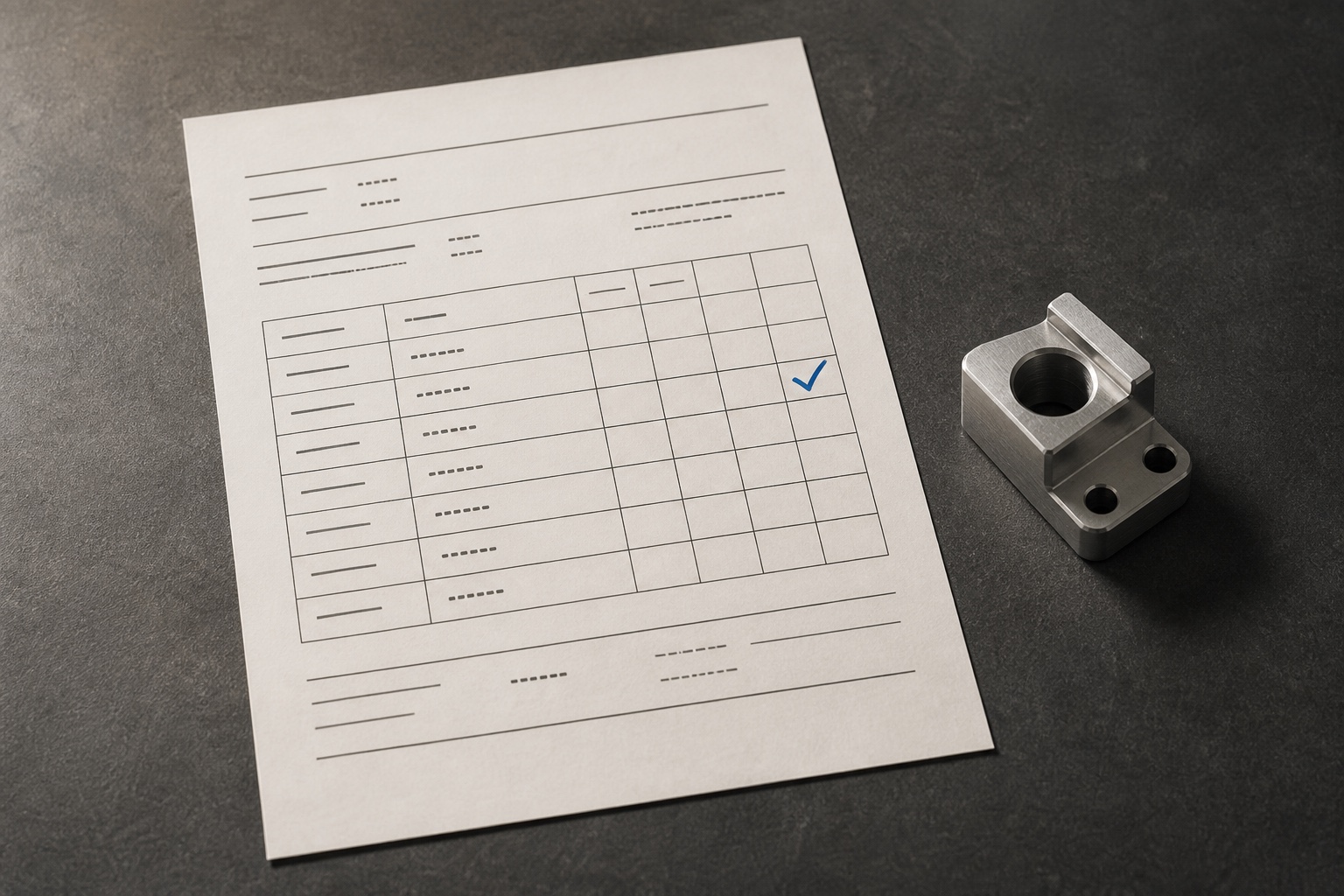 Illustrative manufacturing checkpoint record beside a component