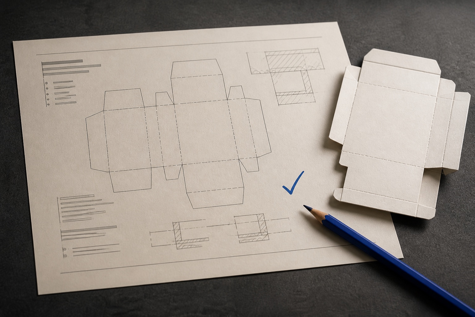 Illustrative packaging plan beside a folded paperboard insert
