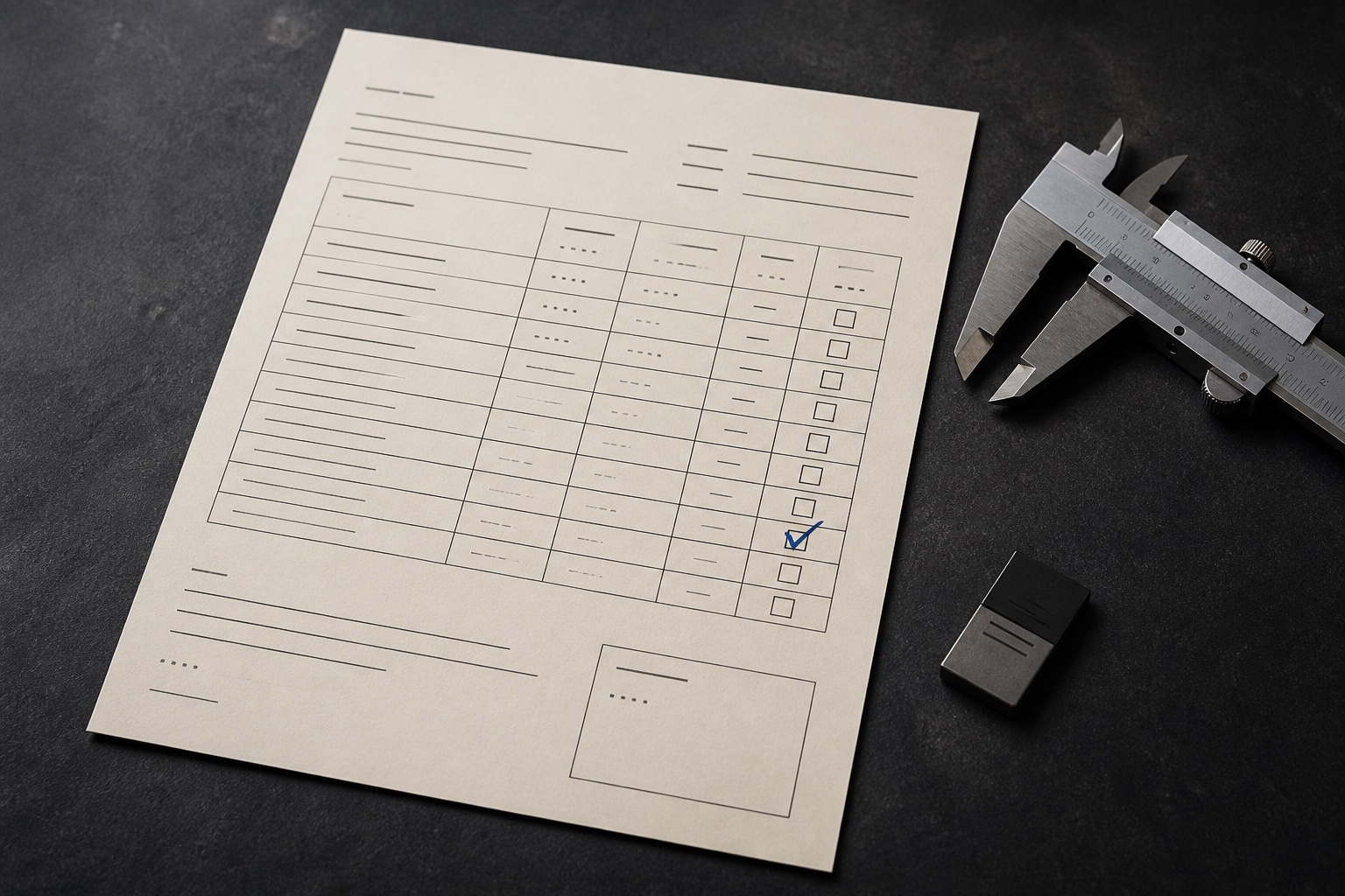 Illustrative quality review checklist with a precision caliper