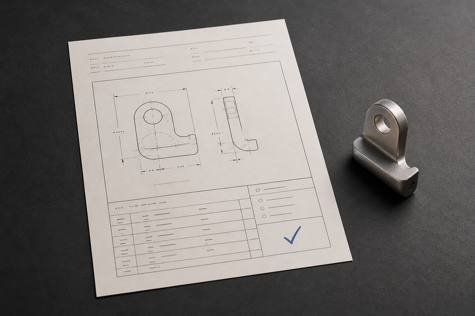 Illustrative sample approval record beside a physical prototype