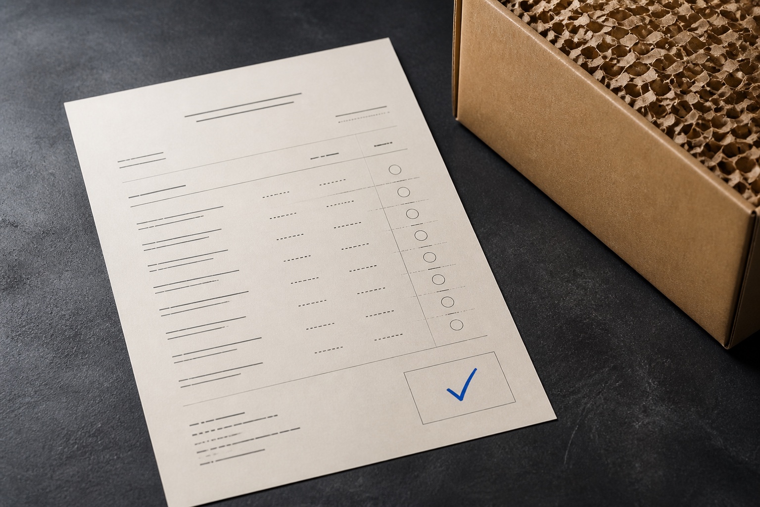Illustrative shipment-readiness checklist beside protective carton packing