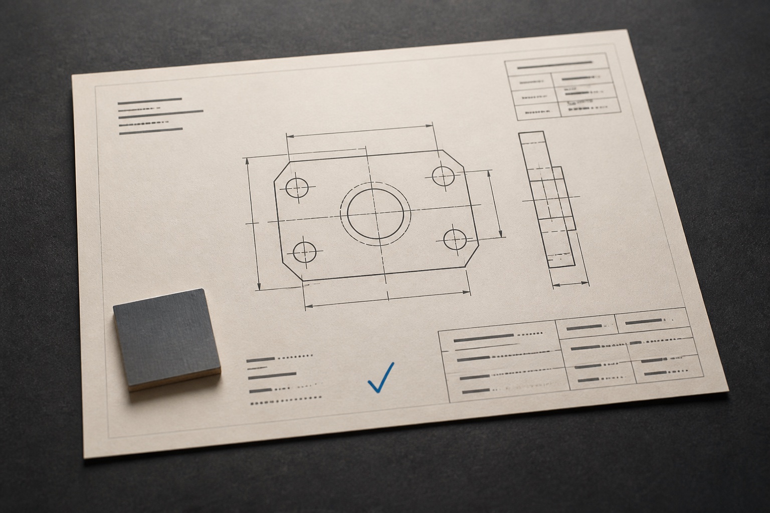 Illustrative approved specification with a technical outline and material chip