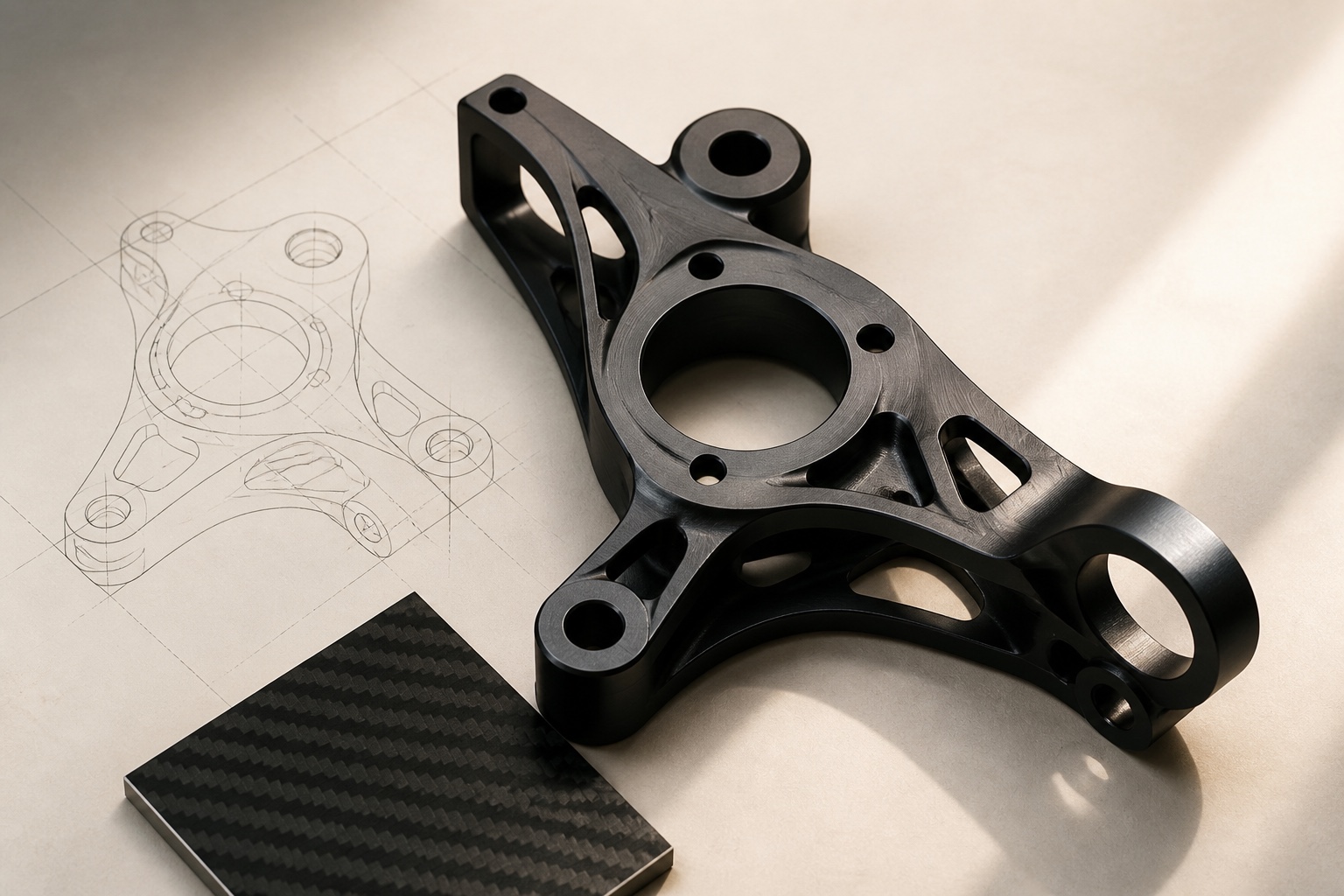 Distinctive custom precision component beside its technical outline and material sample