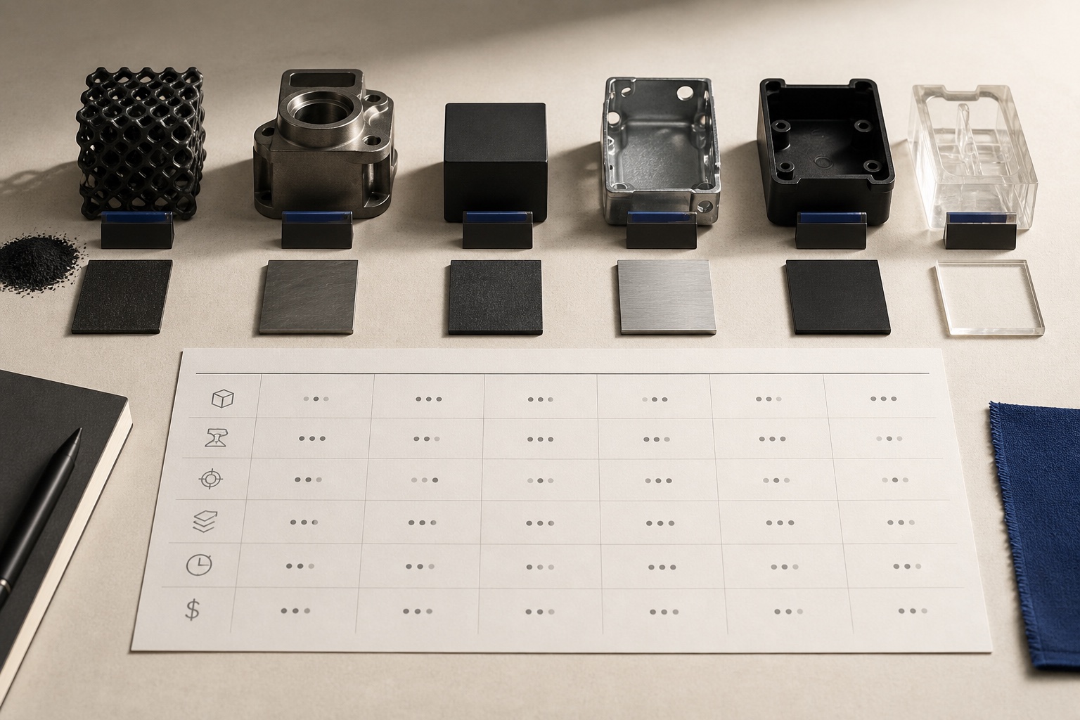 Material and process samples arranged for manufacturing-option comparison