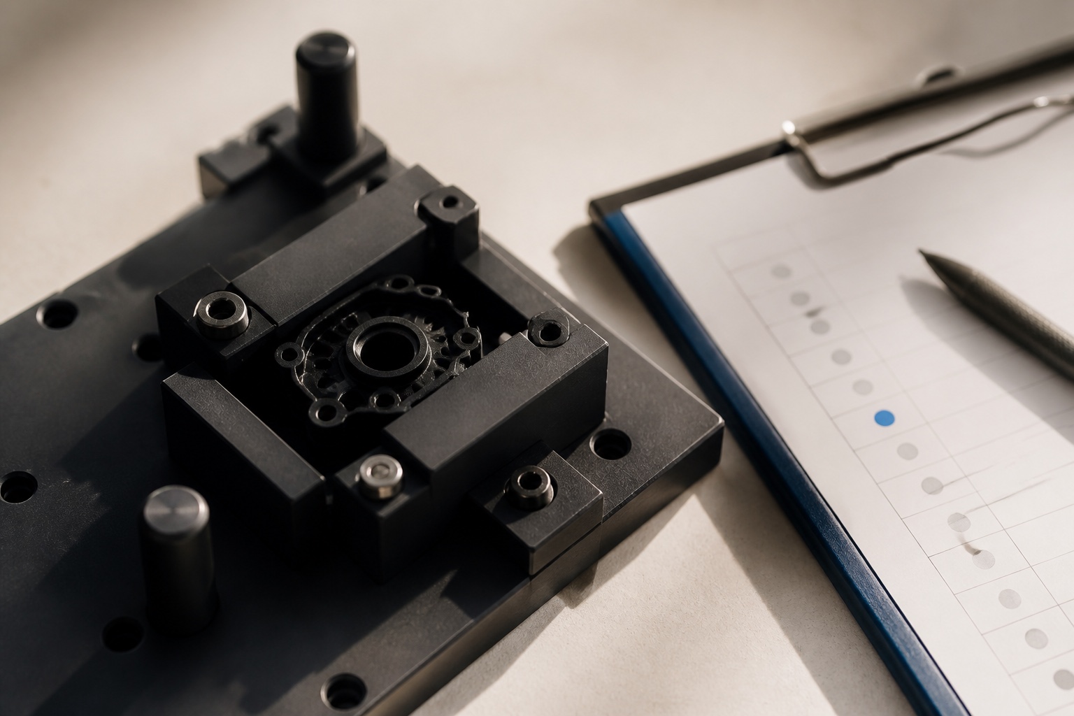 Production fixture and component beside a generic milestone review sheet