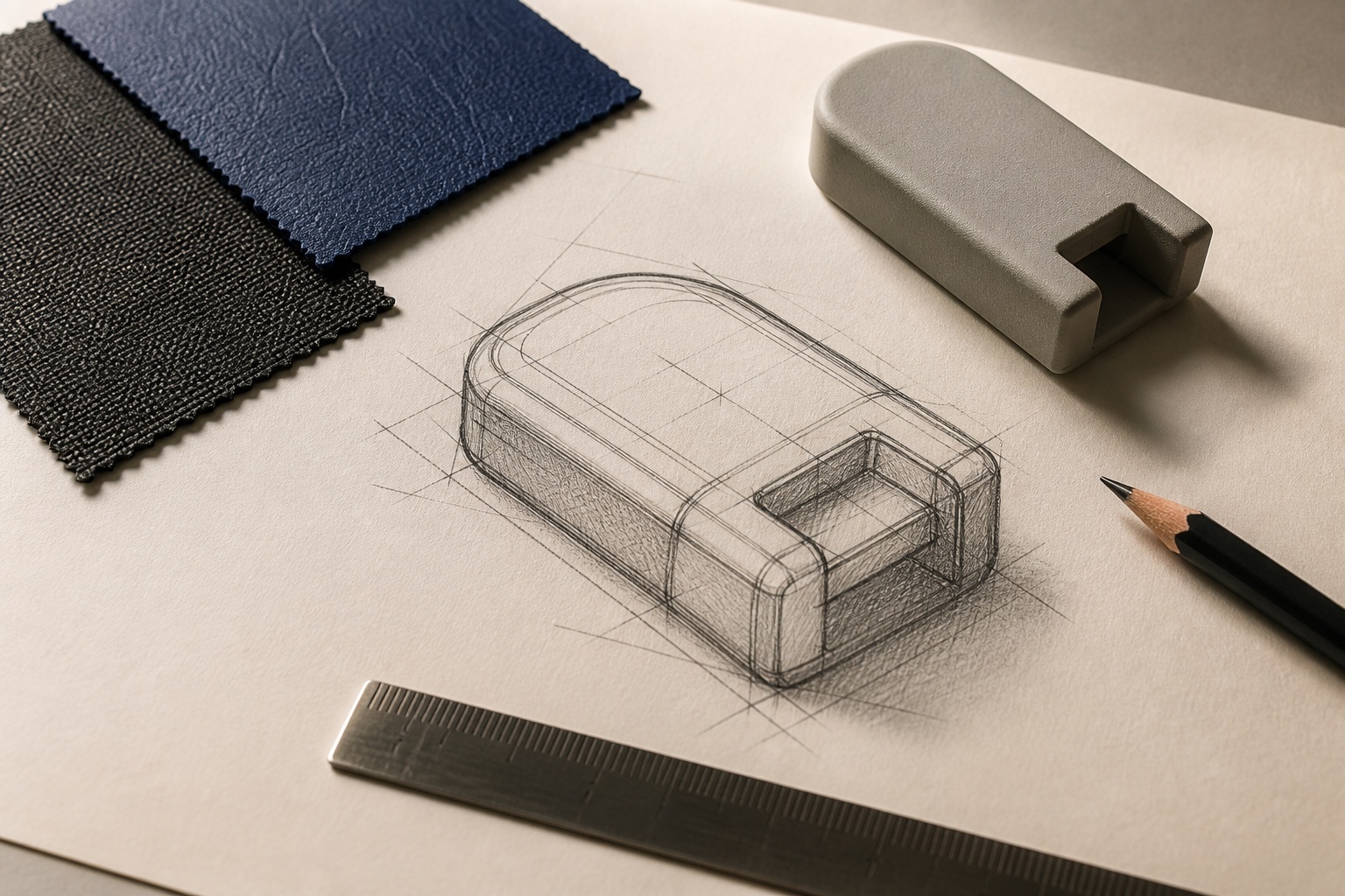 Custom product sketch, prototype component, and material swatches on a development table