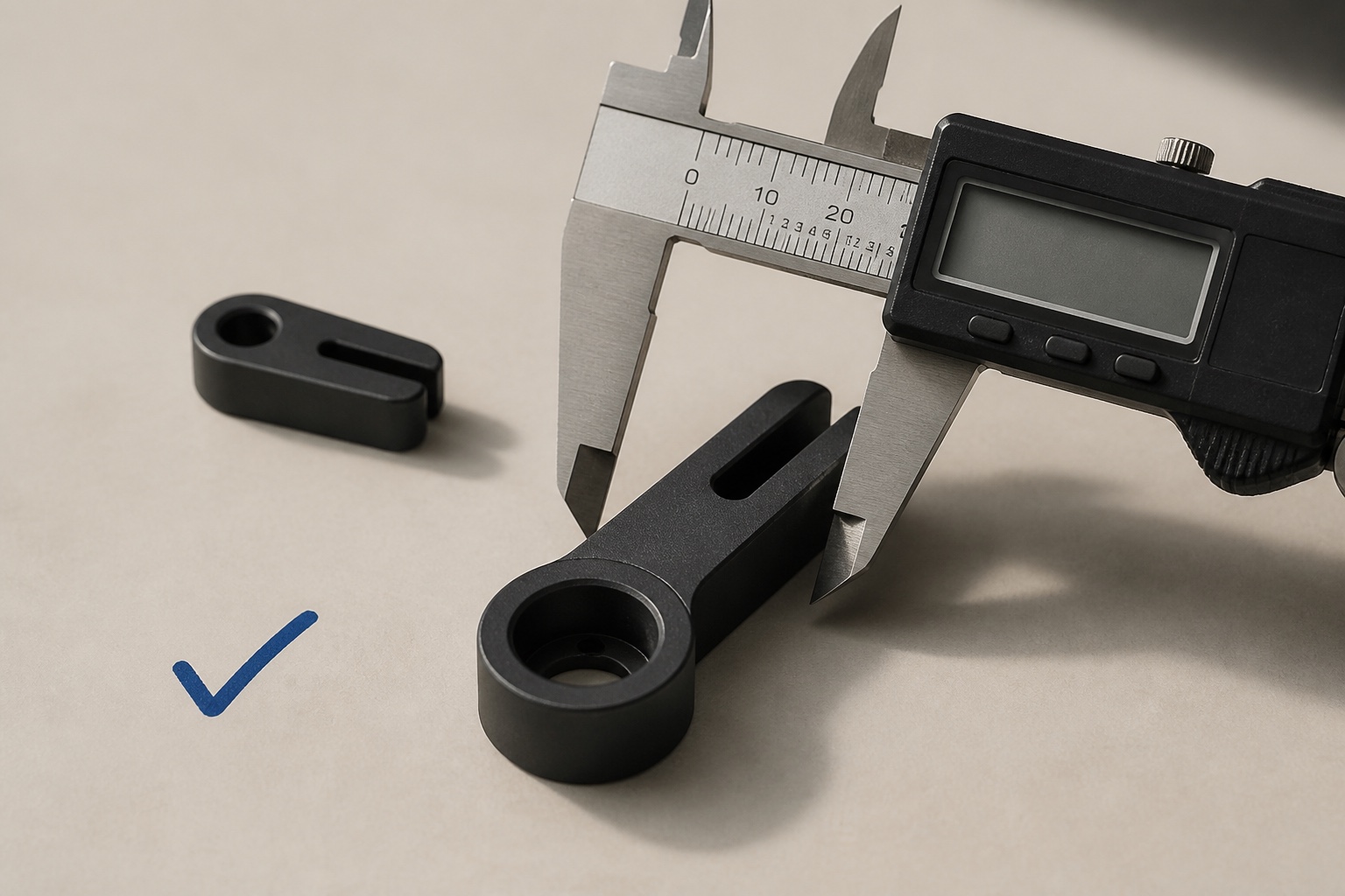 Precision caliper checking a custom component against a reference sample