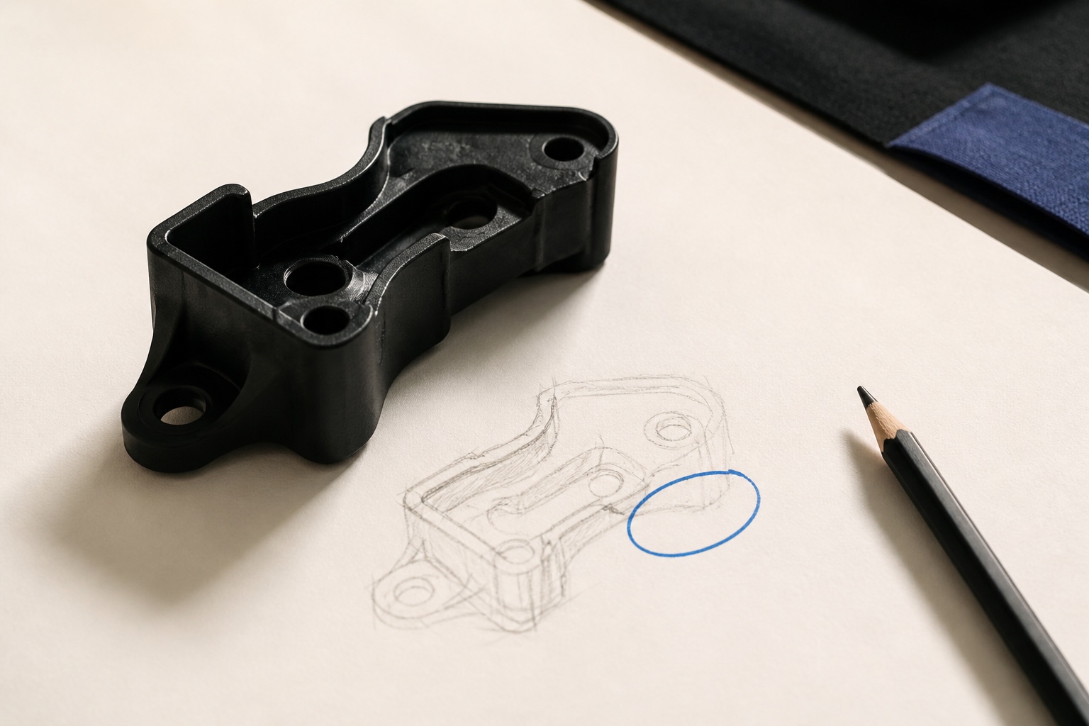 Physical prototype and revision sketch under sample review