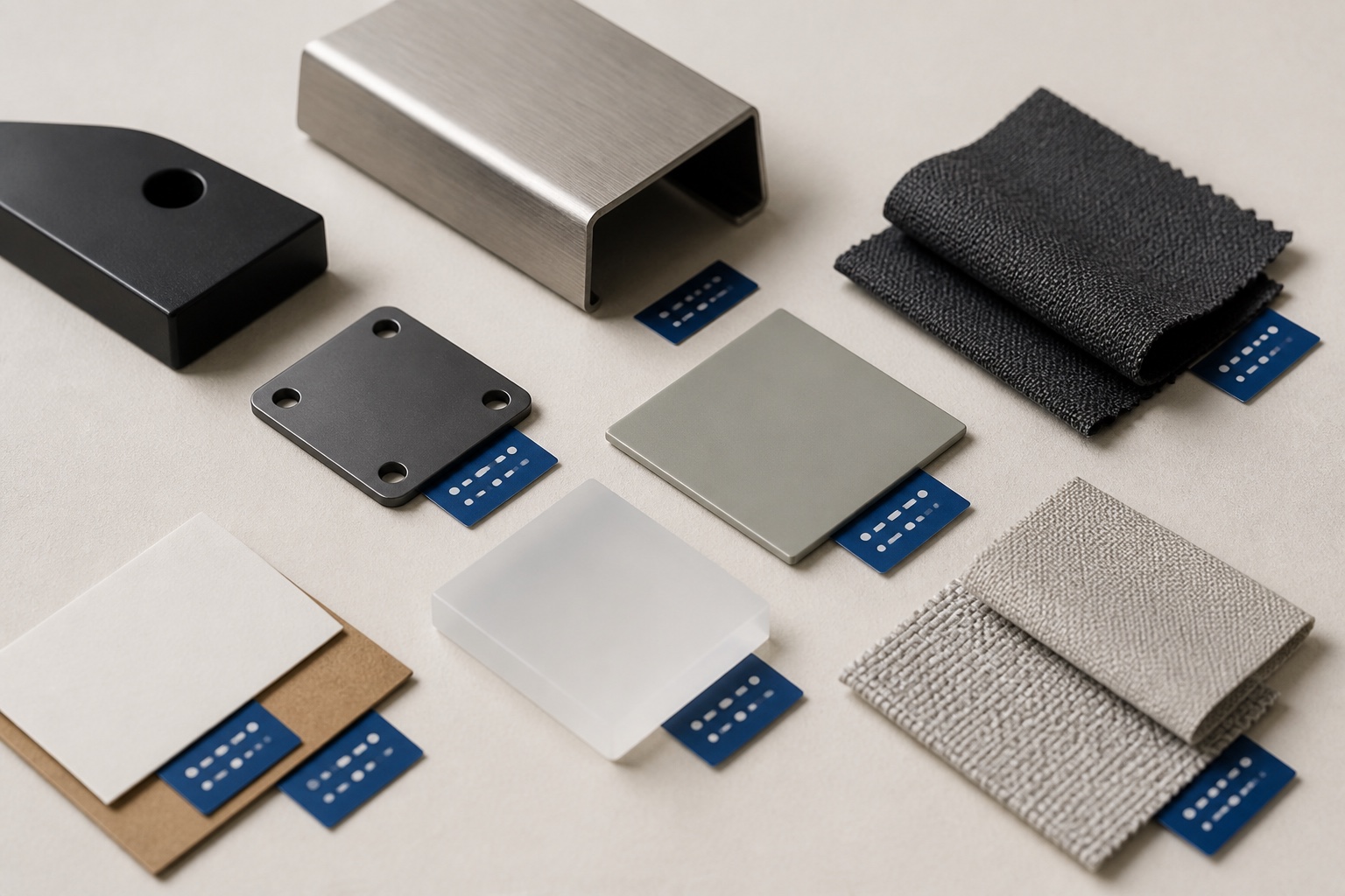 Metal, polymer, textile, and paper samples arranged for sourcing review